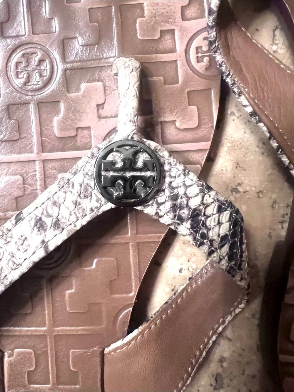 Tory Burch Brown Snake-Print Thong Sandals with Logo Medallion